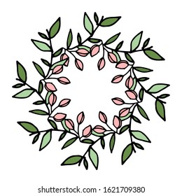 Colored vector illustration of floral frame. Rustic. Hand drawn simple line. Black stroke. Isolated on white background. Brush. Elegant and noble. Best for wedding design. Invitation. Copy space