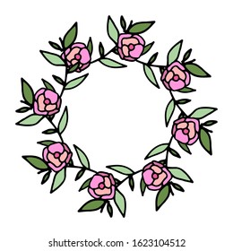 Colored vector illustration of floral frame. Rustic. Hand drawn simple line. Black stroke. Isolated on white background. Brush. Elegant and noble. Best for wedding design. Invitation. Copy space