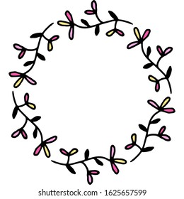 Colored vector illustration of floral frame. Rustic. Hand drawn simple line. Black stroke. Isolated on white background. Brush. Elegant and noble. Best for wedding design. Invitation. Copy space