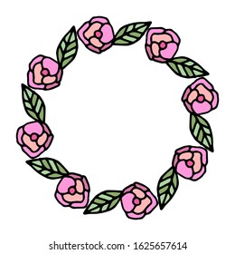 Colored vector illustration of floral frame. Rustic. Hand drawn simple line. Black stroke. Isolated on white background. Brush. Elegant and noble. Best for wedding design. Invitation. Copy space