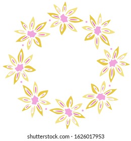 Colored vector illustration of floral frame. Rustic. Yellow color flowers with pink. Without stroke.Isolated on white background. Elegant and noble. Best for wedding design. Invitation. Copy space