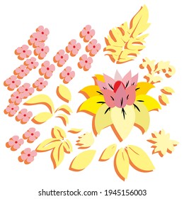 Ilustración vectorial de flores y hojas en un fondo blanco