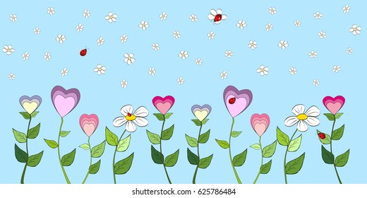 Colored vector illustration of flowers on a blue background with ladybirds.