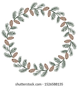Colored vector illustration. frame with fir branches and cones. Coniferous branches, spruce, pine, fir, cedar, larch.