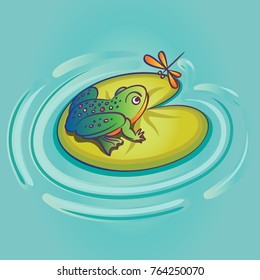 Colored vector Illustration of a frog with dragonfly and water lily. Cartoon  style.