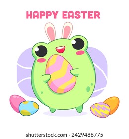 Colored vector illustration with a frog in Easter style. Multi-colored eggs, bunny ears and an inscription
