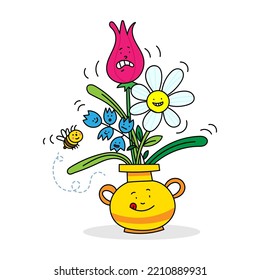 Colored vector illustration of a funny bouquet and a bee on a white background