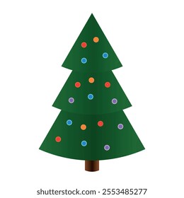 A Colored vector illustration of a green Christmas fir tree with balls isolated on a white background