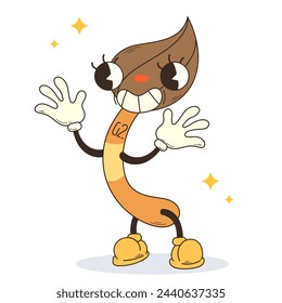 Colored vector illustration in groove style with an image of a paint brush, in flat color. Brush with a smile and white gloves