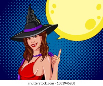 Colored vector illustration for halloween. Design for greeting card, party invitations, advertising banner. Sexy witch with hat points finger up. Beautiful young girl smiling against the moonlight