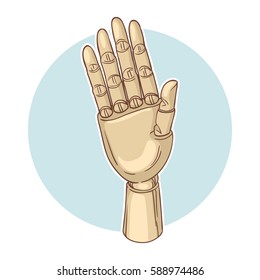 Colored vector illustration with a hand of a wooden doll.