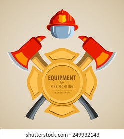 Colored vector illustration, icon. Firefighter Emblem or volunteer. Maltese cross, shield, ax, fireman helmet. Element for the magnet on the fridge or print for shirts. Red, yellow, brown.