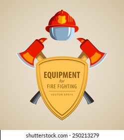 Colored vector vector illustration, icon. Firefighter Emblem or volunteer. Shield, ax, fireman helmet. Element for the magnet on the fridge or print for a T-shirt. Red, yellow, brown.