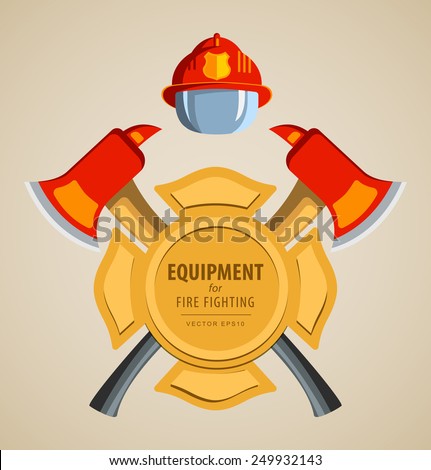 Colored vector illustration, icon. Firefighter Emblem or volunteer. Maltese cross, shield, ax, fireman helmet. Element for the magnet on the fridge or print for shirts. Red, yellow, brown.