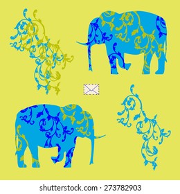 Colored Vector illustration with the image of an envelope and two elephants with ornament