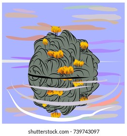 The colored vector illustration of an island with the autumn trees and water