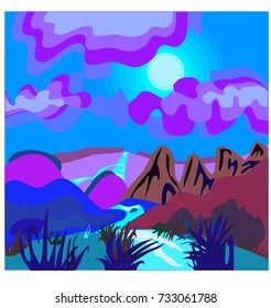 The colored vector illustration of a landscape with the moon river