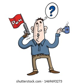 colored vector illustration of a man with toy gun and coffee in hand.  Question mark, cowboy boots.