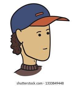 Colored vector illustration of a man's face with stylish haircut in a cap