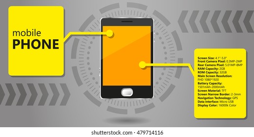 colored vector illustration of a mobile phone and a description of him on a gray background