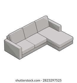 Colored vector illustration of a modern L shaped sectional sofa with chaise lounge and upholstered cushions, comfortable seating for contemporary living room interiors, residential furniture design, isolated on white background
