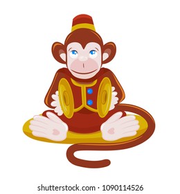 Colored vector illustration of monkey playing percussion hand cymbal sitting on the pillow.