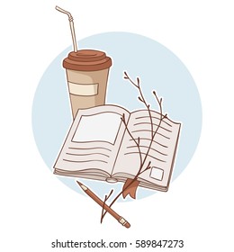 Colored vector illustration with notebook, twig, a pencil and a paper cup of coffee.