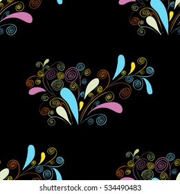 Colored Vector illustration on Black of seamless pattern with abstract flowers.Floral background
