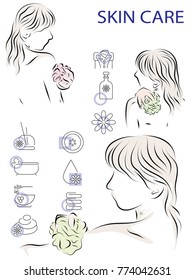Colored vector illustration on skin care. Icons skin care for the body, hands, face.