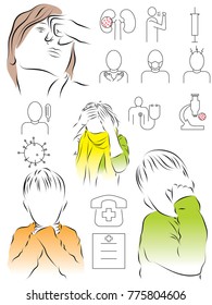 Colored, vector illustration on the theme of a cold, flu, sore throat, rhinitis, cough. Icons on a medical theme.