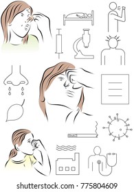 Colored, vector illustration on the theme of a cold, flu, sore throat, rhinitis, cough. Icons on a medical theme.