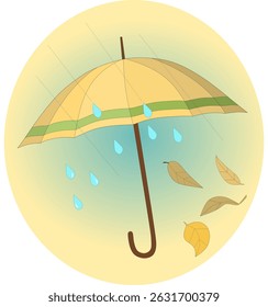 A colored vector illustration of an open yellow umbrella with raindrops and autumn leaves. 