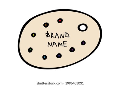 Colored vector illustration of a palette with paint in the color of the rainbow. Lettering Brand name. Objects for advertising an art store for artists, for online advertising, for textiles, for