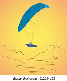Colored vector illustration of paraglider flying over the mountains. Paraplane vector illustration. Paraglider silhouette illustration.