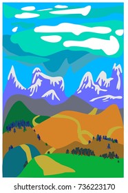 The colored vector illustration of a peaceful landscape with mountains
