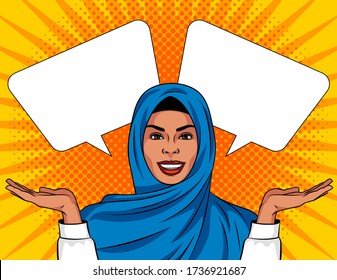 Farbige Vektorgrafik im Pop-Art-Stil. Schöne Muschelfrau in traditionellem Schal auf ihrem Kopf. Eine Frau trifft eine Wahl.