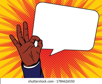 Colored vector illustration in pop art comic style.  Male hand with an approved sign. African American man shows his agreement with a gesture. "Ok" sign over dot halftone background