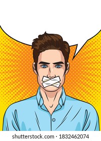 Colored vector illustration in pop art style isolated on halftone dots background. Young handsome guy of European style with a sealed mouth. The man cannot speak