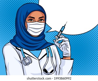 Colored vector illustration in pop art style. Woman doctor with a syringe in her hand. Vaccination poster. Muslim nurse wearing a traditional headdress. 