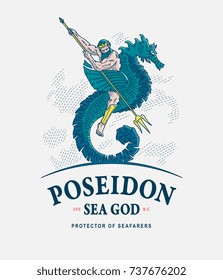 Colored vector illustration of Poseidon riding a seahorse