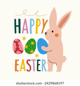 Colored vector illustration with rabbit, eggs, stars and lettering text Happy Easter. Cute typography poster for spring holiday, greeting card template