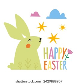 Colored vector illustration with rabbit, flowers and lettering text Happy Easter. Cute typography poster for spring holiday, greeting card template
