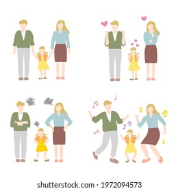 Colored vector illustration set of family mom dad daughter doodle drawing