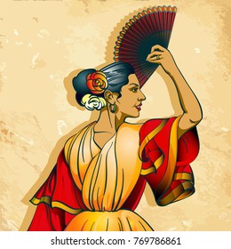 Colored Vector  illustration of a spanish dancer girl with fan. Portrait.