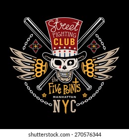 Colored vector illustration street fighting club emblem with cylinder hat, skull, brass knuckles, bats, stars and inscription. "Street fighting club. The Five Points. Manhattan, NYC."