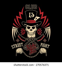 Colored vector illustration street fighting club emblem with cylinder hat, skull, brass knuckles, razors, stars and inscription. "Street fighting club 13. Kick your ass."