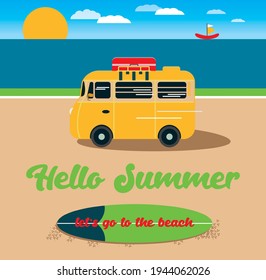 Colored vector illustration of summer. The bus goes to the sea. The inscription on the surfboard let's go to the beach. Yellow transport with a red suitcase. A red boat on the waves