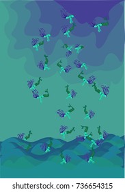 The colored vector illustration of a surreal landscape with the mermaids falling into the sea from the storm cloud