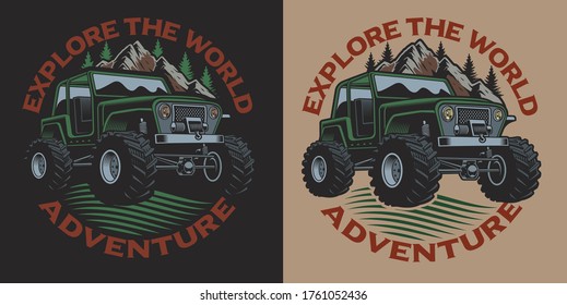 Colored vector illustration with an SUV. Perfect for shirt designs.