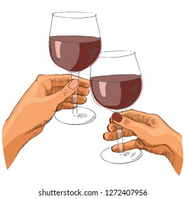 Colored vector illustration of two women hands holding glasses  of red wine
